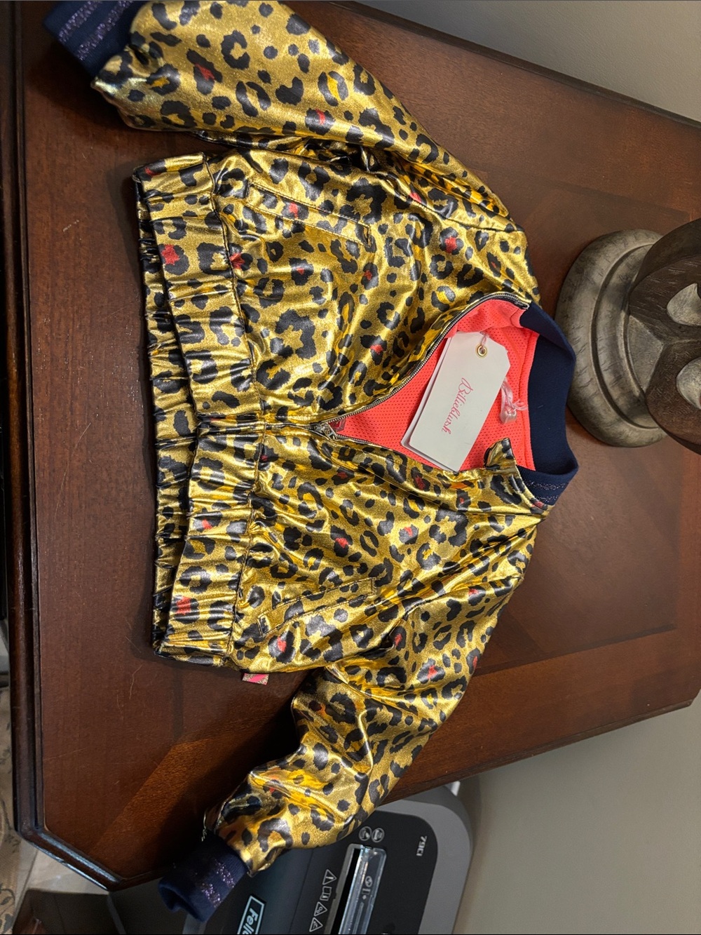Billieblush Metallic Gold Leopard Print Bomber with Coral Lining/ NEW WT